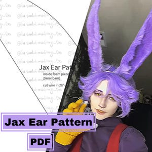 May include: A purple and white furry ear pattern for cosplay. The pattern includes instructions for using 2mm foam and 28 inch wire. The text "Jax Ear Pattern PDF" is at the bottom of the image.