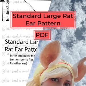 Puede incluir: Un patrón PDF para una oreja de rata estándar grande, con el texto "Standard Large Rat Ear Pattern" en un cuadro rojo. La imagen también muestra a una persona que lleva una diadema de orejas de rata.
