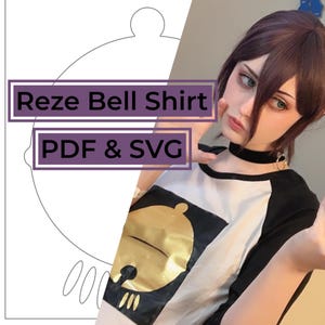 以下が含まれることがあります： 金色のベルのグラフィックが入った、白と黒のラグランシャツ。「Reze Bell Shirt」と「PDF & SVG」の文字が紫色のボックスに入っています。コスプレをテーマにしたシャツです。