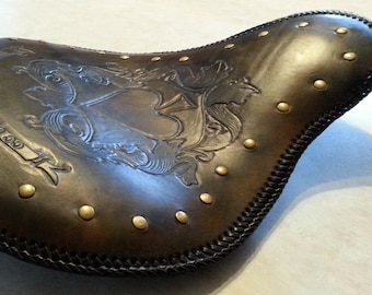 Ace of Spades Tooled Leather Bobber Seat: Harley Style