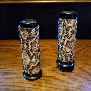 Python-Embossed Leather Hand-Grips, chrome, black, cowhide, laced leather wraps, harley hand grips, metric size grips, reptile-embossed grip