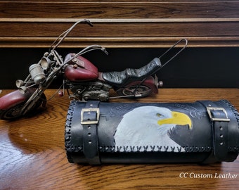 Tool Bag with Airbrushed  Bald Eagle's Head, custom leather tool bag, fork bag, leather fork bag with eagle fork bag with american eagle