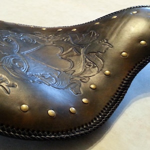 Ace of Spades Solo Seat, Custom Solo, Leather Solo Seat, Bobber Seat, Leather Biker Solo, Harley Style Seat Pan, Custom Tooled Leather Seat