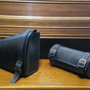 Swingarm Bag and Fork Bag Combo, black leather tool bag, black leather swingarm bag, leather swingarm bag and fork bag, custom leather bags image 1