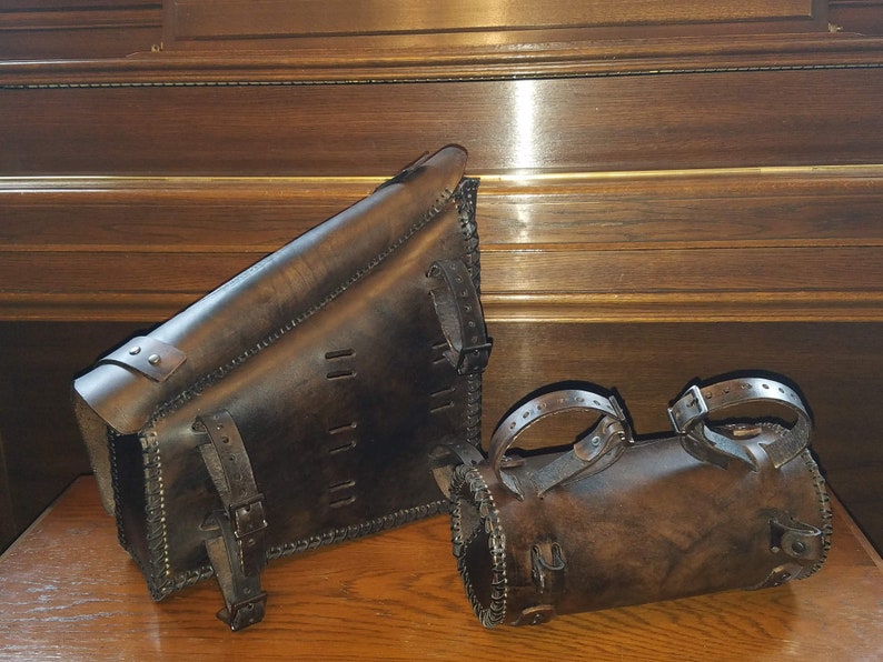 Swingarm Bag and Fork Bag Combo, black leather tool bag, black leather swingarm bag, leather swingarm bag and fork bag, custom leather bags image 6
