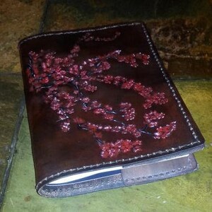 Leather Book Cover Cherry Blossoms Design, Gifts for Her, Gifts for Mother, Gifts for Wife, Book Cover, Leather Crafted Book Cover