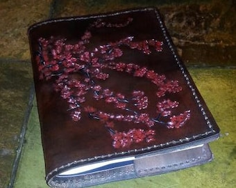 Leather Book Cover Cherry Blossoms Design, Gifts for Her, Gifts for Mother, Gifts for Wife, Book Cover, Leather Crafted Book Cover