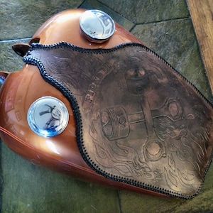 Custom Leather Tank Bib: Cowhide Fuel Tank Cover with &quot;Fired Up&quot; Design