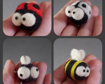 Yellow ladybug and black heart brooches wool felt soft eco boho hippie jewelry, handmade needle felted brooches