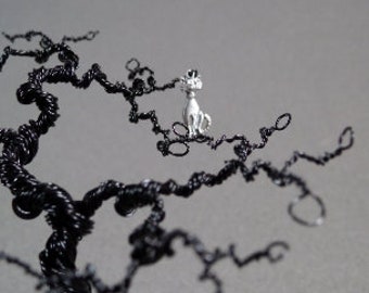 Handmade black tree with cat, wire tree sculpture for cat lovers