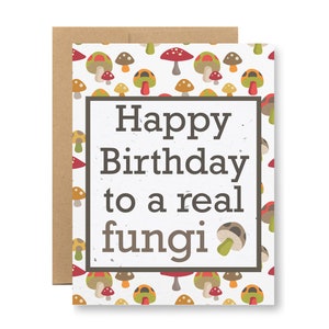 May include: A white card with a brown border and a mushroom pattern. The card has the text "Happy Birthday to a real fungi" in a brown box.