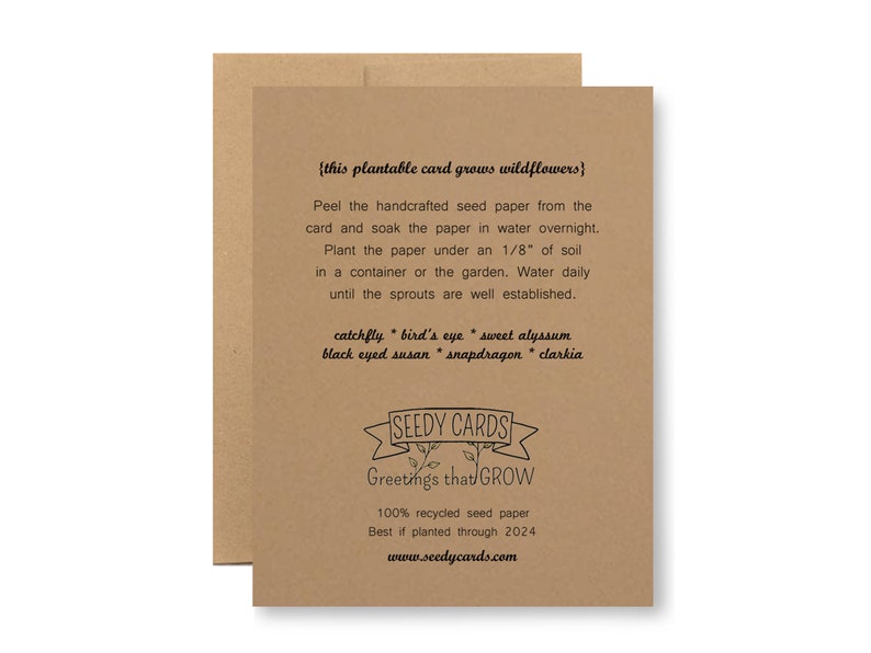 May include: A brown card with the text "{this plantable card grows wildflowers}" and instructions on how to plant the seed paper. The card also includes a list of wildflowers that will grow from the paper: catchfly, bird's eye, sweet alyssum, black eyed susan, snapdragon, and clarkia. The card has a logo that says "SEEDY CARDS Greetings that GROW" and the text "100% recycled seed paper Best if planted through 2024 www.seedycards.com".