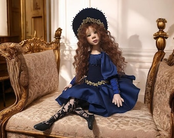 Puede incluir: Una muñeca de porcelana vestida con un vestido azul con ribetes dorados y medias con encaje negro. La muñeca está sentada en una chaise longue dorada y marrón.