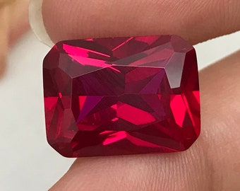 14 Carat Lab Ruby 16x12mm Rectangle Cut, Lab Created Faceted Loose Red Ruby