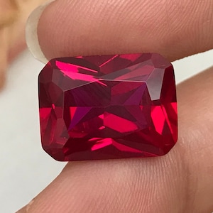 14 Carat Lab Ruby 16x12mm Rectangle Cut, Lab Created Faceted Loose Red Ruby