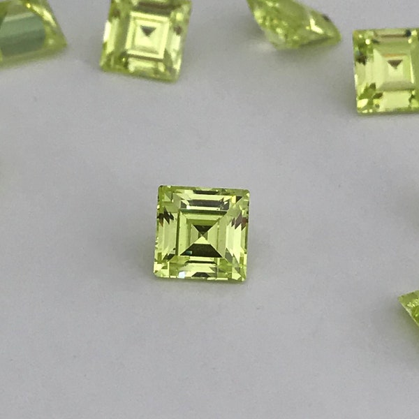 One- Loose Yellow Green Cubic Zirconia, 6mm Square CZ, 2 carat Chartreuse Carre cu , Diamond Simulant, Recycled CZ, Double Sided Rose Cut
