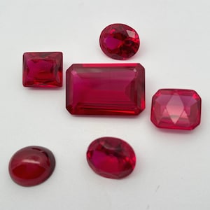 52 carat Lot of Lab Created Rubies, Discounted Worn Recycled, Chipped, Damaged Gemstones, 6 Stones