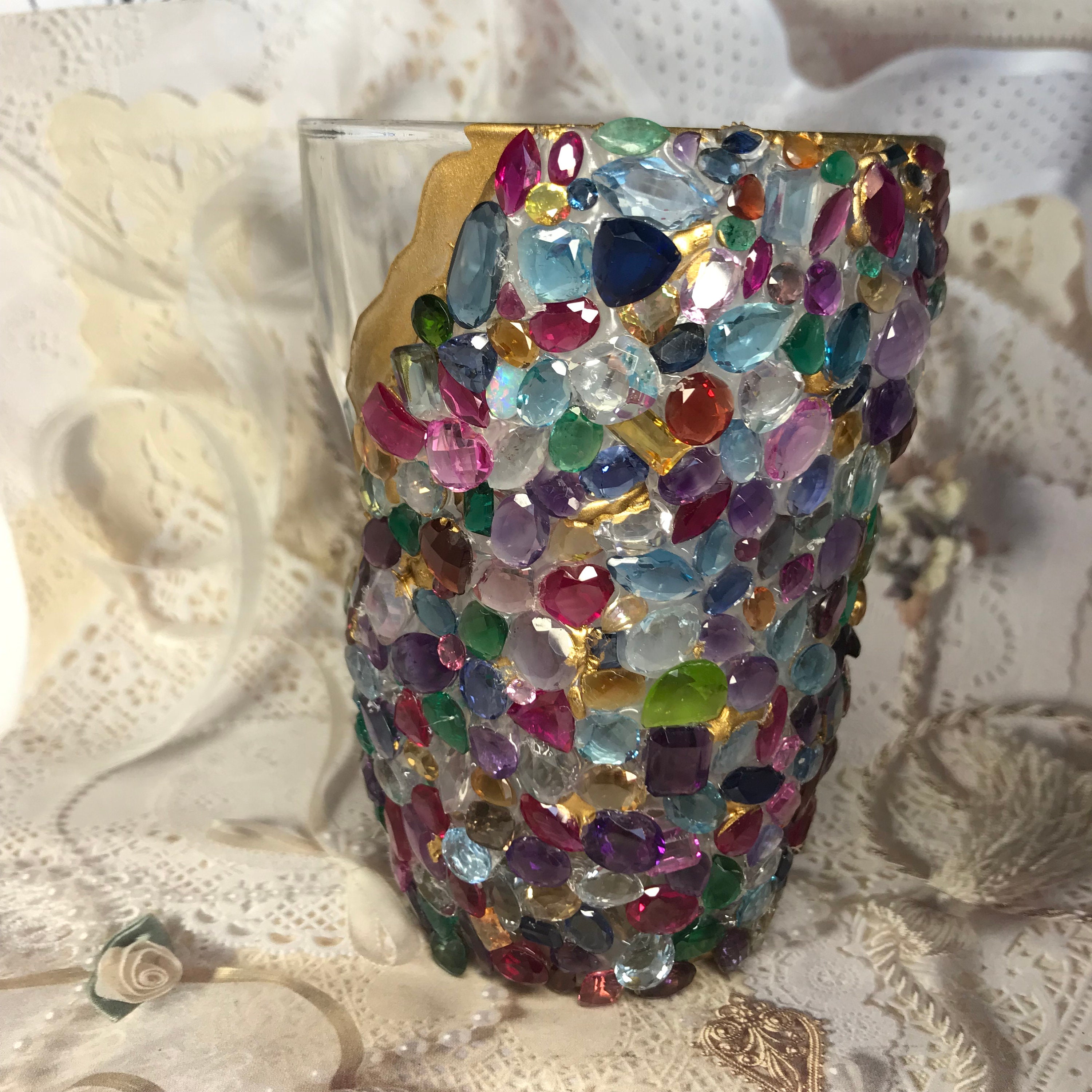 Jewel Encrusted Cup Gemstone Art Center Piece Vase Gems From