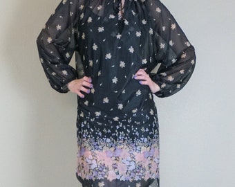 70s Sheer Floral Mini Dress – Vintage Black Boho Tunic, M/L