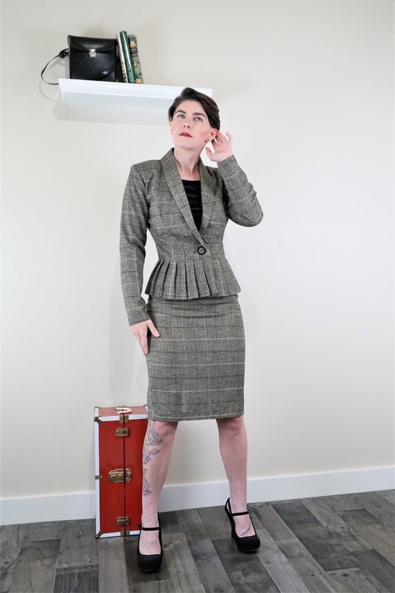 90s Tracy Evans Skirt Suit with Peplum Blazer and