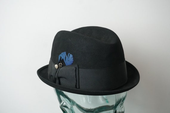 Black Stetson Fedora With Blue & Black Feathers/ Vintage 1950s