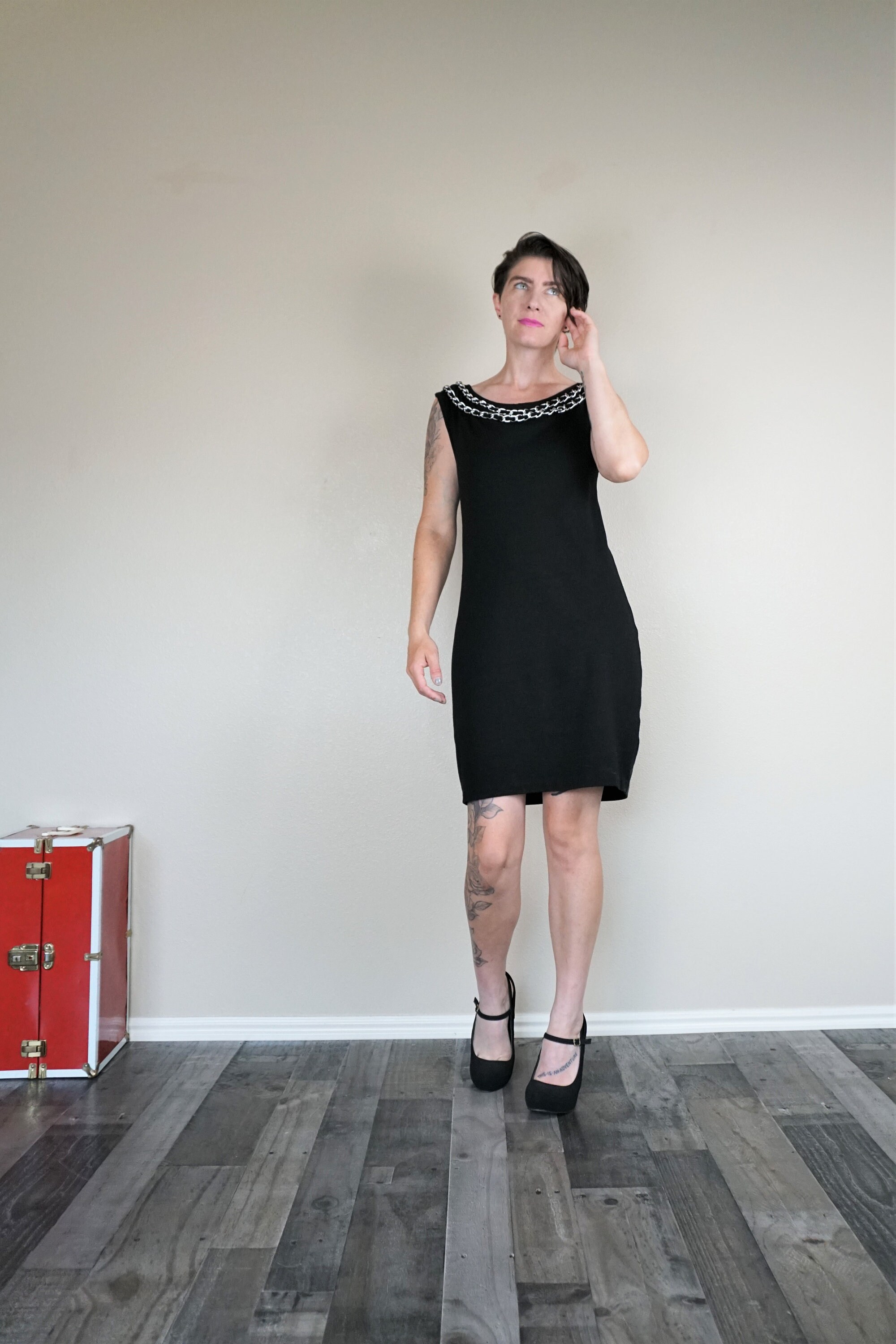 Armani Exchange Little Black Dress With Chain Neckline/ Silver