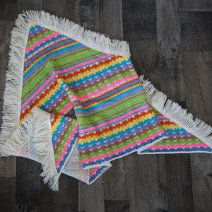 Rainbow Shawl - Colorful Triangle Wrap - Festival Boho Pride Cape - Bright Knit Hippie Layer - Vintage Retro Cottagecore Style