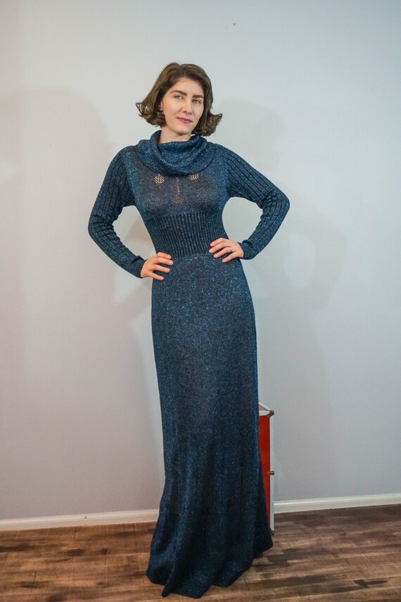 Wenjilli Midnight Blue Lurex Floor Length Long Sleeve Turtleneck Dress Vintage 70s Metallic Lurex Sweater Dress Blue Glitter Knit Gown
