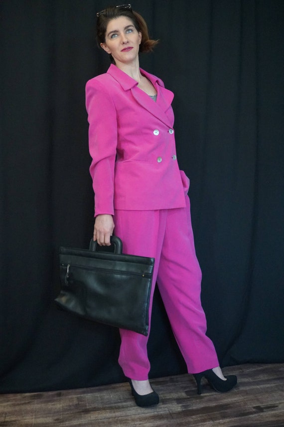 Pink Silk Pant Suit/ Vintage 90s High Waist Pants