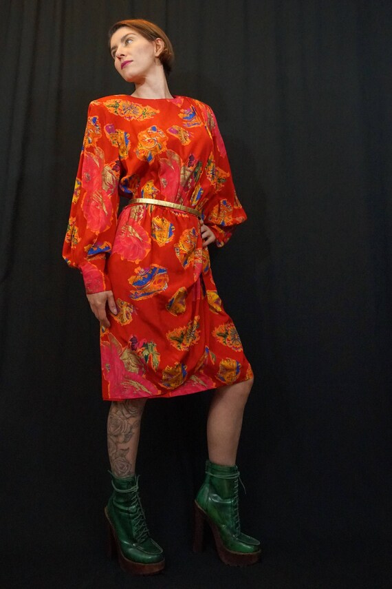 80s Louis Feraud Red Abstract Pattern Silk Bishop