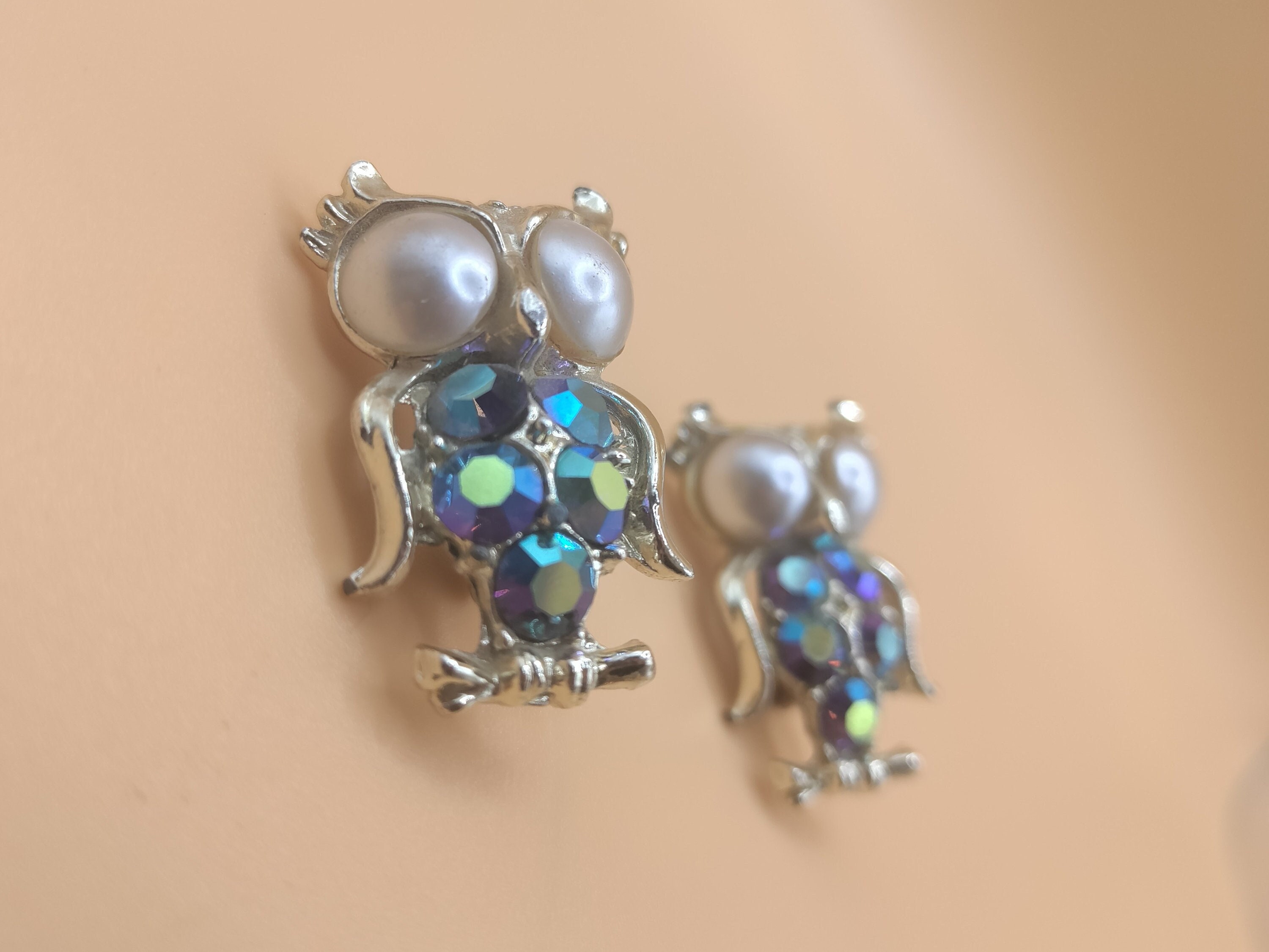 Owl Brooch Set - Two Vintage Gold Tone Owl Brooches with Pearl Eyes and Rhinestone Bodies