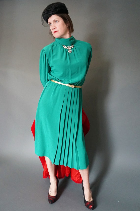 Lilli Ann Long Sleeve Green Turtleneck Dress/ Vint