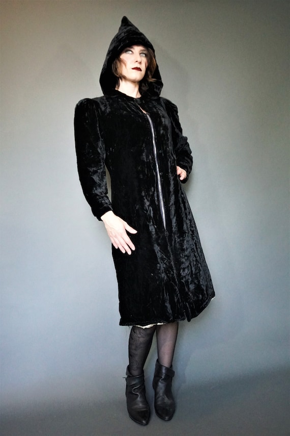 Vintage 1930s Black Velvet Hooded Zipper Dress/ Mo