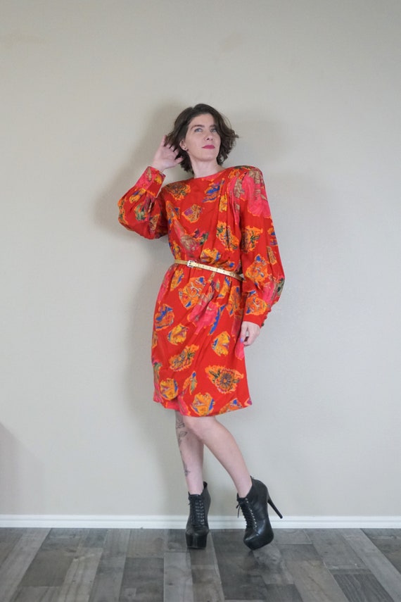Louis Feraud Red Floral Pattern Silk Bishop Sleeve