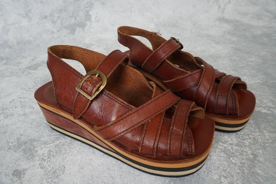 70s Leather Sandals with Wood & Foam Platform Heel
