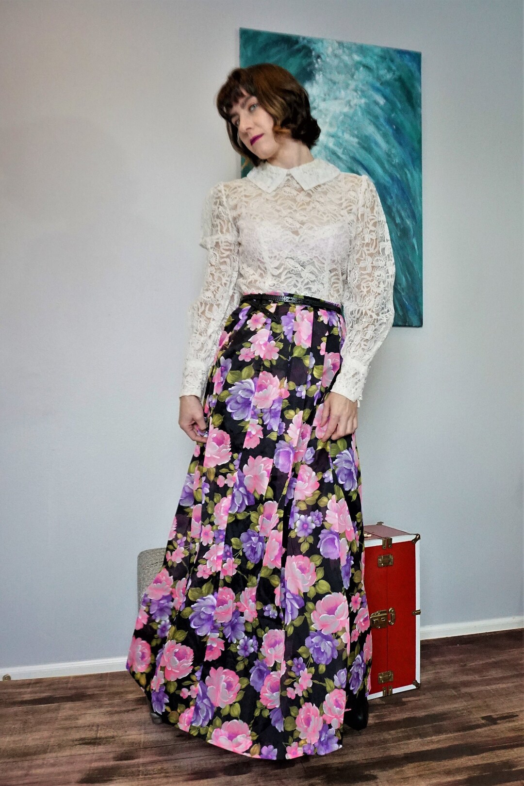 Black Floral Pink Purple Maxi Skirt Vintage Leslie Fay Personals