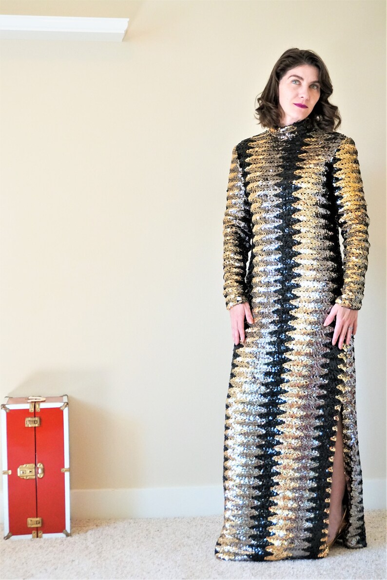 Miss I Magnin Sequin Floor Length Long Sleeve Turtleneck Gown Rare 60s Long Zig Zag Sequin Dress 1960s Sequin Turtleneck Sweater Dress