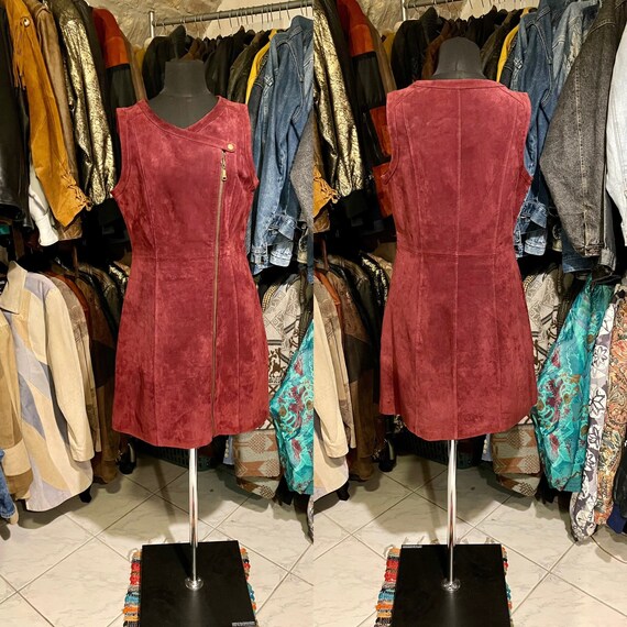 Vintage burgundy leather dress, suede leather dres