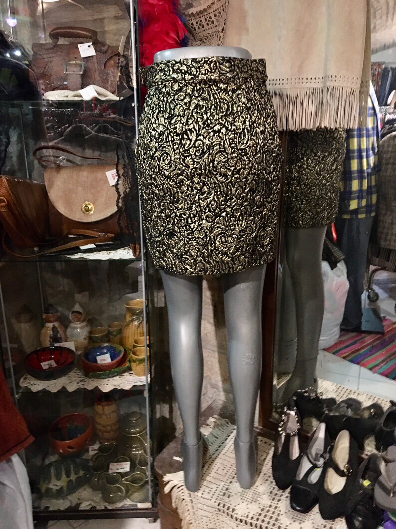 Size S 1990s convex gold pattern party mini skirt gold evening mini skirt Code:3022