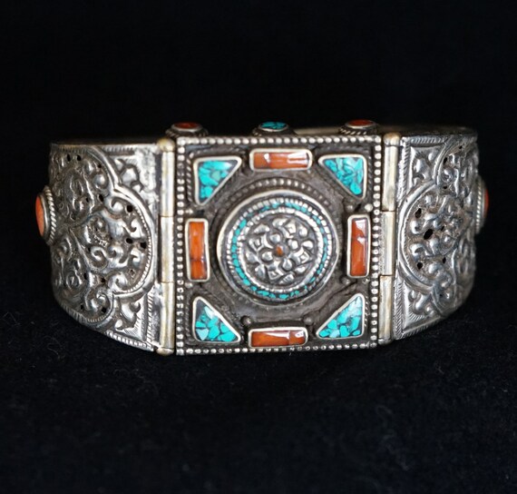 Tibetan Vintage Fashion Turquoise Onyx Gemstone Braided Copper Silver-Tone Cuff Bracelet