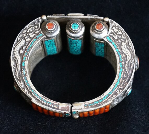 Tibetan Vintage Fashion Turquoise Onyx Gemstone Braided Copper Silver-Tone Cuff Bracelet main image 1