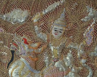 Large Vintage Kalaga embroidered tapestry from Burmese aka now Myanmar
