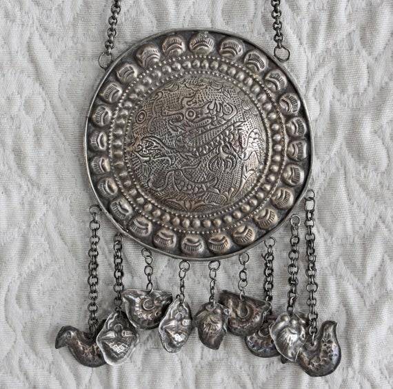 Antique Chinese large silver medallion necklace Gem
