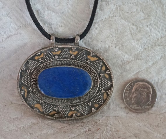 Vintage Lapis and silver pendant necklace - image 1