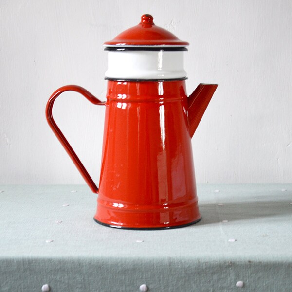 French Enamel Coffeepot. Vintage Red and White Kitchen Enamelware