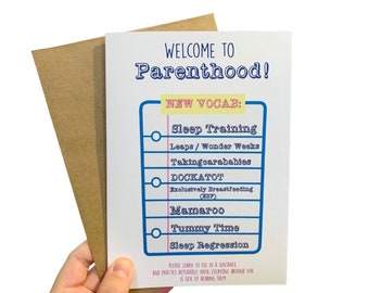 Welcome to Parenthood New Baby Vocab Card | Funny Baby Shower Card | Welcome Baby | Congratulations | Mother / Father, Humor, New Parents