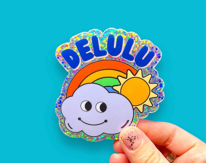 Delulu Holographic Sticker: Sparkly Rainbow Cloud, 90s Nostalgia