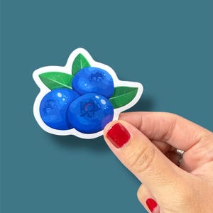 May include: A sticker featuring a cluster of three blue blueberries with green leaves. The blueberries are drawn in a cartoon style.