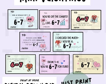 DIGITAL DOWNLOAD Six Seven Themed Mini Valentines | 6 7 | Instant Download | Print your own | Print at Home | School Classroom Valentines