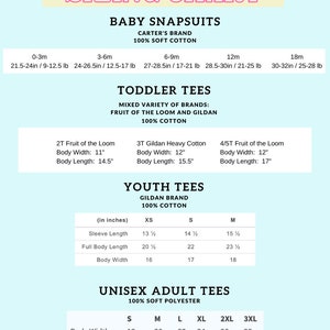 K&ouml;nnte beinhalten: Eine Gr&ouml;&szlig;entabelle f&uuml;r Baby-Bodys, Kleinkind-T-Shirts, Jugend-T-Shirts und Unisex-Erwachsenen-T-Shirts. Die Tabelle enth&auml;lt Ma&szlig;e in Zoll und Pfund f&uuml;r Baby-Bodys und Zoll f&uuml;r Kleinkind-T-Shirts, Jugend-T-Shirts und Unisex-Erwachsenen-T-Shirts. Die Tabelle enth&auml;lt auch die Markennamen und die Stoffzusammensetzung f&uuml;r jede Art von Kleidung.